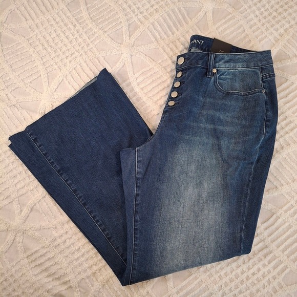 Lane Bryant Denim - Lane Bryant High Rise Flare Jeans Womens 18 Blue Exposed Button Fly Raw Hem NWT